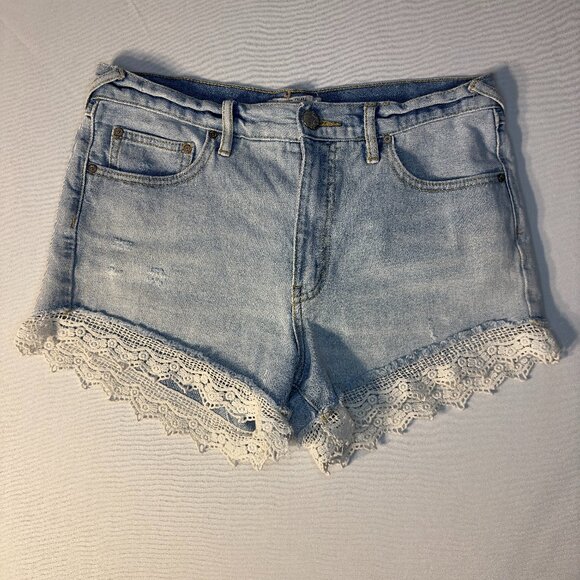 Free People Pants - Free People Lacey Distressed Denim Cutoff Lace Hem High Rise Shorts, W28